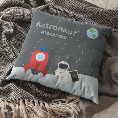 Little Boy Astronaut on Moon First Name Space Throw Pillow