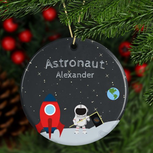 Little Boy Astronaut on Moon Name Space Christmas Ceramic Ornament
