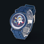 Little Boy Astronaut Personalized Watch<br><div class="desc">This fun watch features a sweet vector illustration of a boy astronaut,  a yellow star,  and a blue planet on a dark blue background and can be personalized with your child's name,  monogram,  initial,  or any text of your choice for a perfect custom gift.</div>