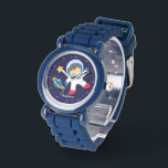 Little Boy Astronaut Personalized Watch<br><div class="desc">This fun watch features a sweet vector illustration of a boy astronaut,  a yellow star,  and a blue planet on a dark blue background and can be personalized with your child's name,  monogram,  initial,  or any text of your choice for a perfect custom gift.</div>