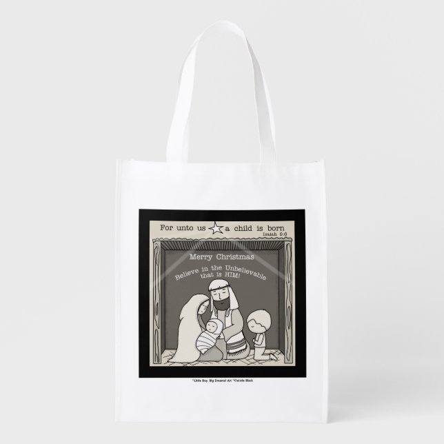 Little Boy at the Manger-Merry Christmas Reusable Grocery Bag (Front)
