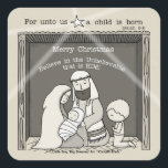 Little Boy at the Manger-Merry Christmas Square Sticker<br><div class="desc">Little Boy kneels down in the manger at the sight of Mary holding baby Jesus and Joseph sitting alongside of them.  Our 2016 Christmas card features the quote of David A. Carrizales illustrated by Christie Black.</div>