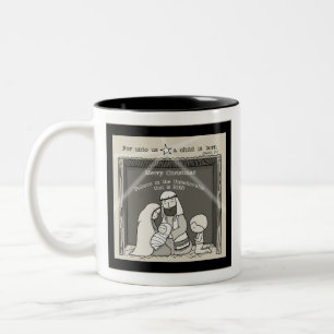 Little Boy at the Manger-Merry Christmas Two-Tone Coffee Mug