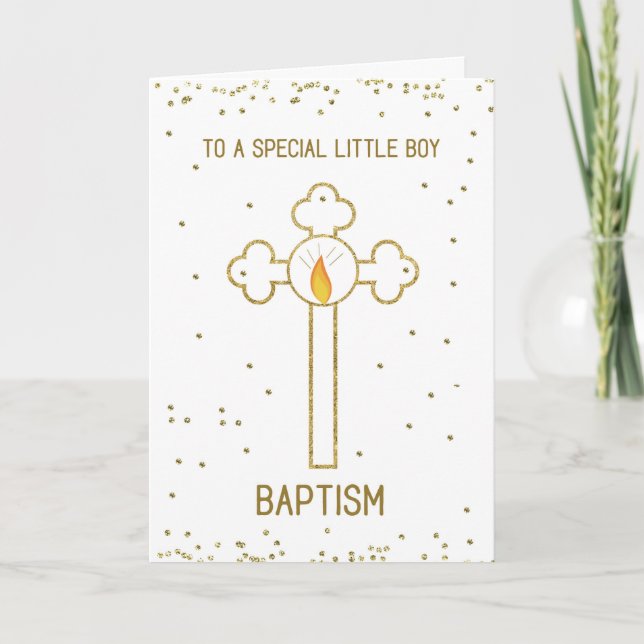 Little Boy Baptism Gold Cross Card (Front)