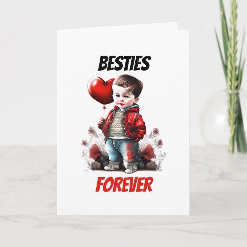 Little boy besties forever red heart kids cute  holiday card