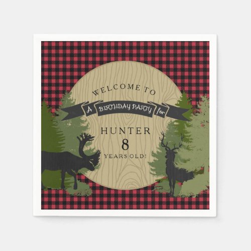 Little Boy Birthday Picnic Deer Antlers Moose Tree Napkins