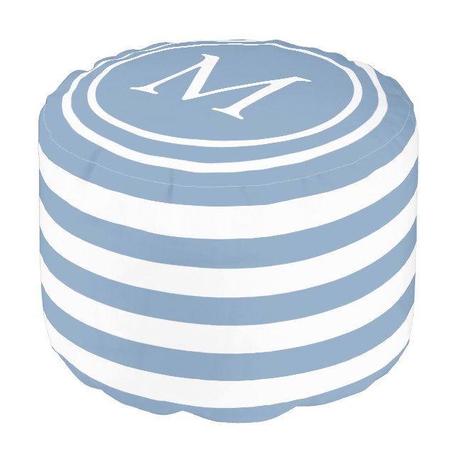 Little Boy Blue and White Stripe Monogram Pouf (Angled Front)