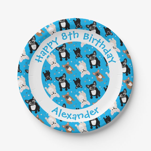 Little Boy Blue French Bulldogs Birthday Cake Paper Plates (Front)