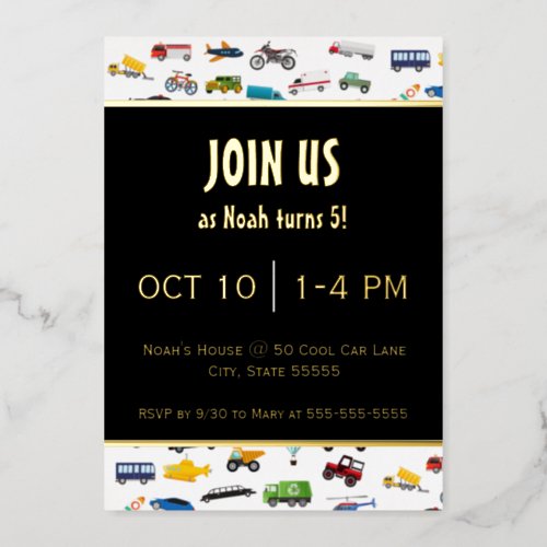 Little Boy Cars Vehicle Kid Birthday Party Gold Foil Invitation