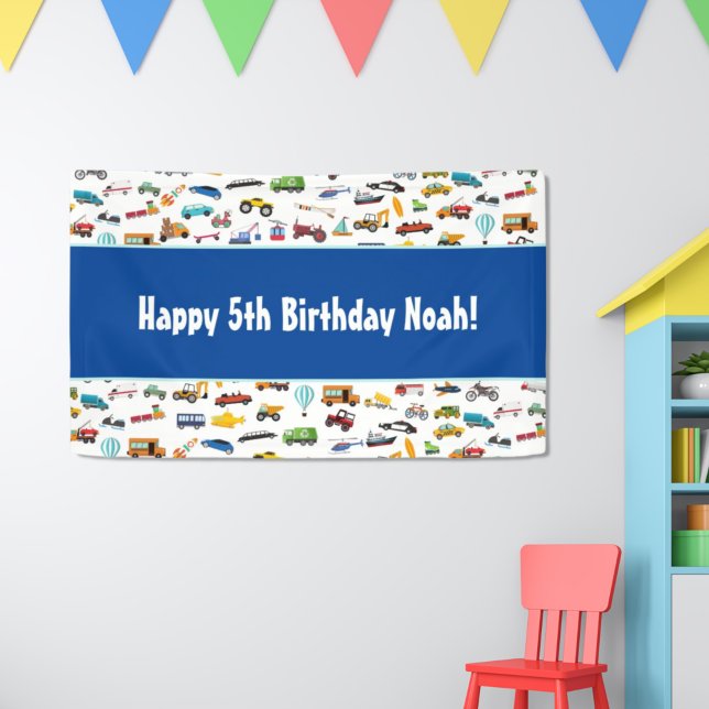Little Boy Cars Vehicle Pattern Kid Birthday Party Banner (Creator Uploaded)