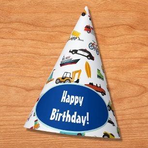 Little Boy Cars Vehicle Pattern Kid Happy Birthday Party Hat