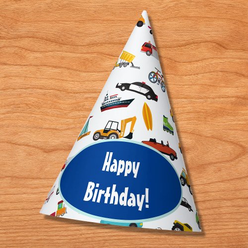 Little Boy Cars Vehicle Pattern Kid Happy Birthday Party Hat