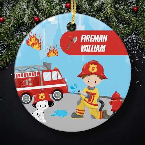 Little Boy Cartoon Fireman with Name Christmas Ceramic Ornament