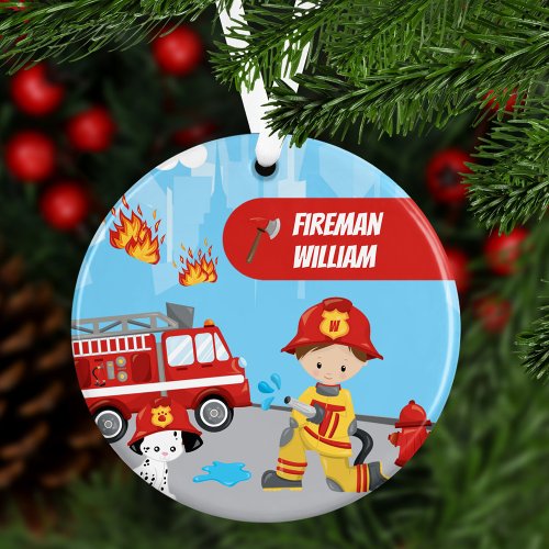 Little Boy Cartoon Fireman with Name Christmas Ornament
