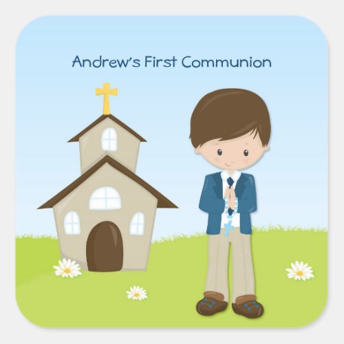 Little Boy Church First Communion Square Sticker