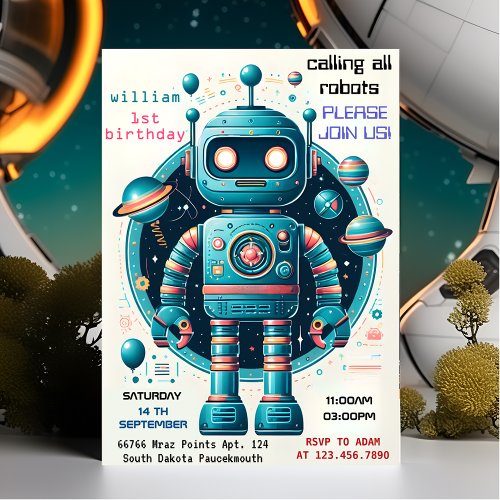 little boy cute Toy funny robot first 1st birthday Invitation