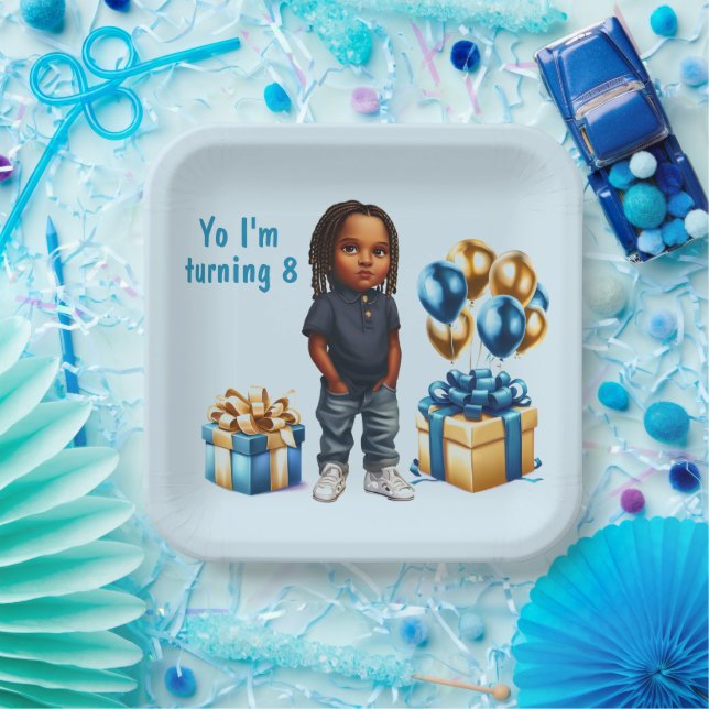 Little Boy Dark Skin Braids Party Paper Plates (Party)