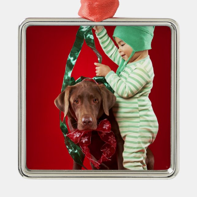 Little boy decorating a dog metal ornament (Front)