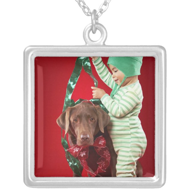 Little boy decorating a dog silver plated necklace (Front)