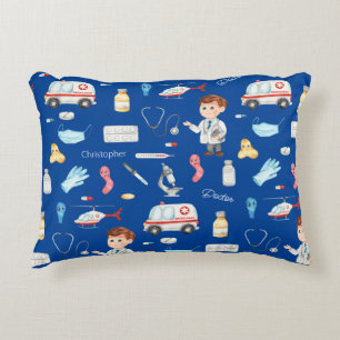 Little Boy Doctor Medical Pattern with Name, Blue Accent Pillow