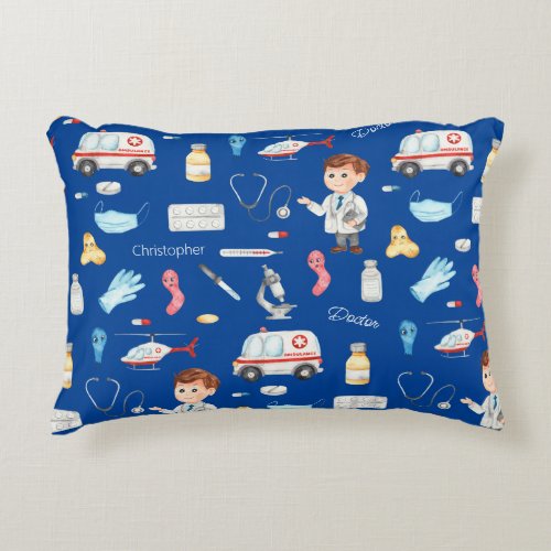 Little Boy Doctor Medical Pattern with Name Blue Accent Pillow
