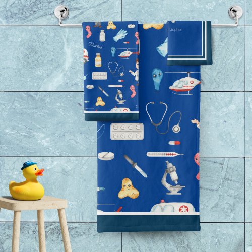 Little Boy Doctor Medical Pattern with Name Blue Bath Towel Set