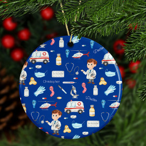 Little Boy Doctor Medical Pattern with Name, Blue Ceramic Ornament