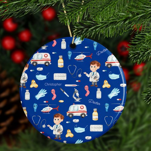 Little Boy Doctor Medical Pattern with Name Blue Ceramic Ornament