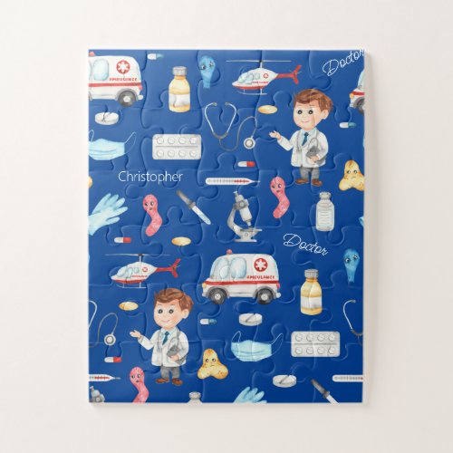 Little Boy Doctor Medical Pattern with Name Blue Jigsaw Puzzle