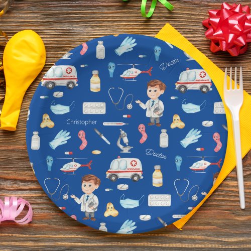 Little Boy Doctor Medical Pattern with Name Blue Paper Plates
