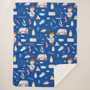 Little Boy Doctor Medical Pattern with Name, Blue Sherpa Blanket