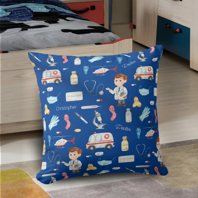 Little Boy Doctor Medical Pattern with Name, Blue Throw Pillow (Creator Uploaded)