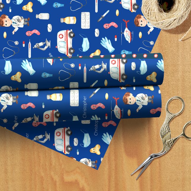 Little Boy Doctor Medical Pattern with Name, Blue Wrapping Paper (Creator Uploaded)