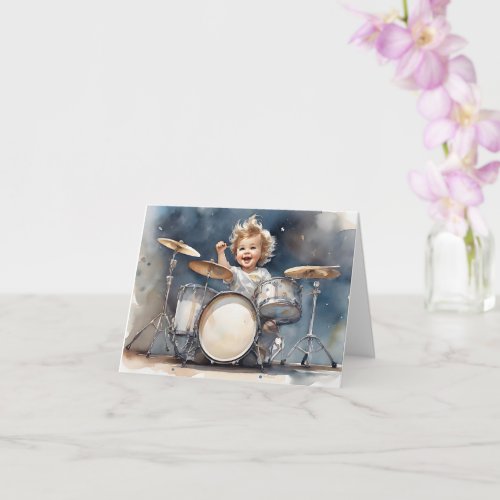 Little Boy Drummer Watercolor Illustration Blank  Card