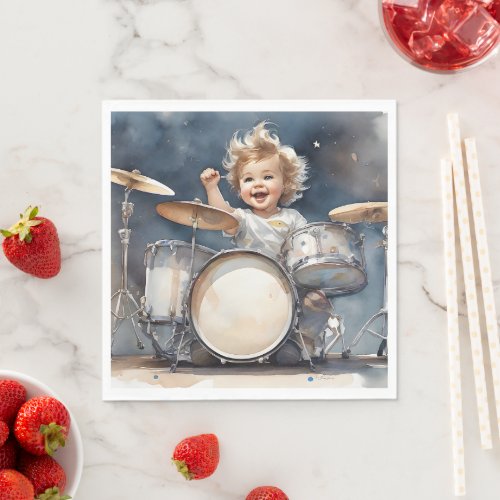 Little Boy Drummer Watercolor Illustration Party Napkins