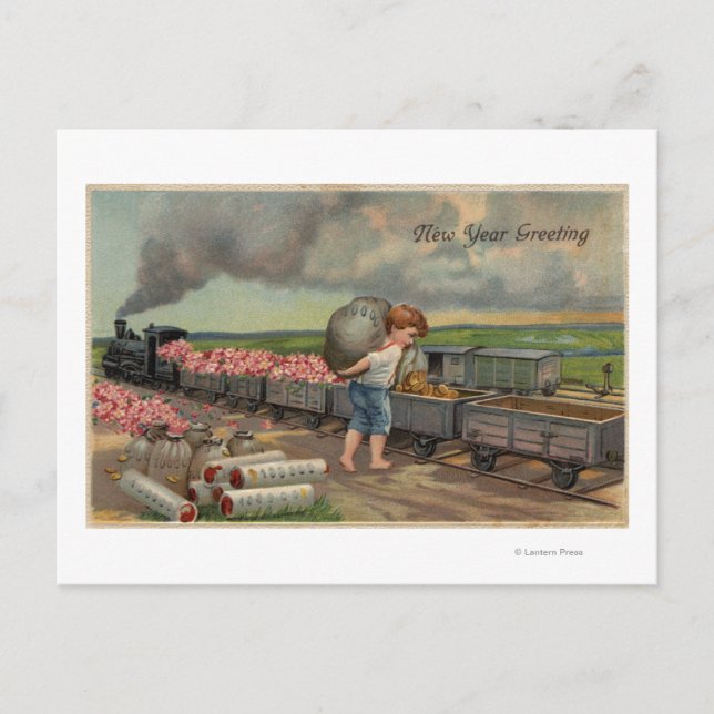 Little Boy Dumping Money in Train Postcard (Front)