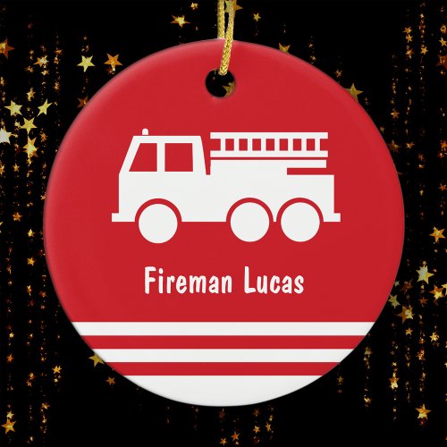 Little Boy Fire Truck  Red and White Christmas Ceramic Ornament