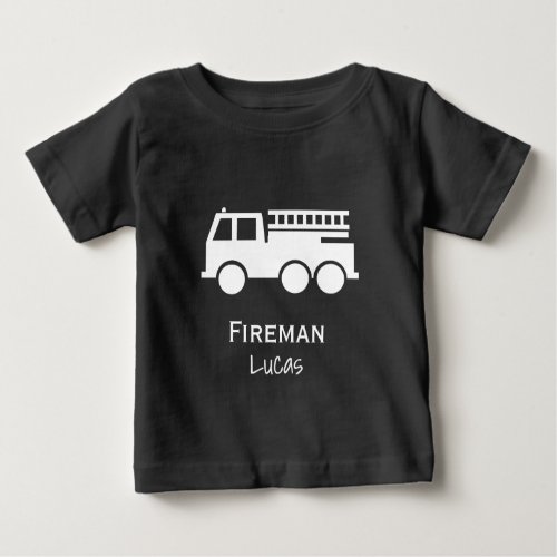 Little Boy Fire Truck With Name Black and White Baby T_Shirt