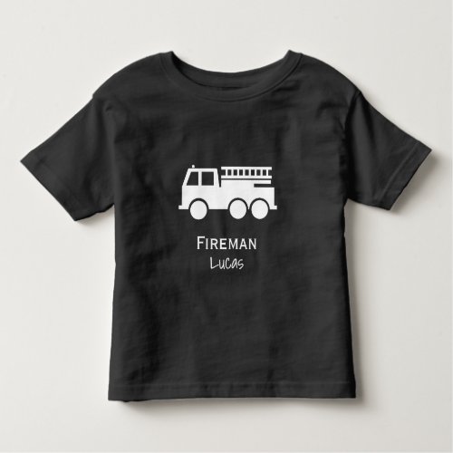 Little Boy Fire Truck With Name Black and White Toddler T_shirt