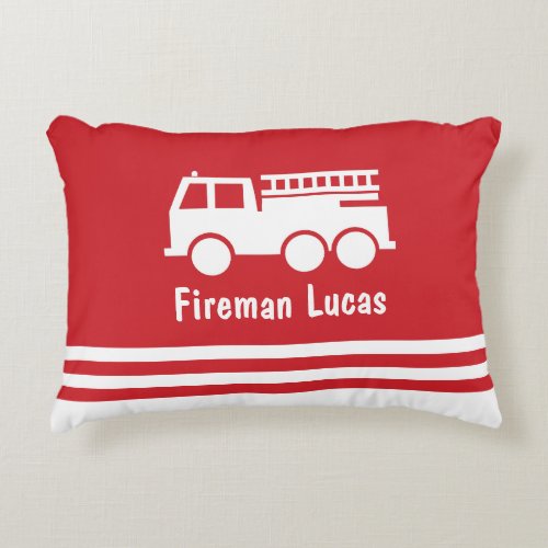  Little Boy Fire Truck With Name Red and White Accent Pillow