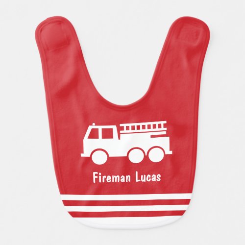Little Boy Fire Truck With Name Red and White Baby Bib