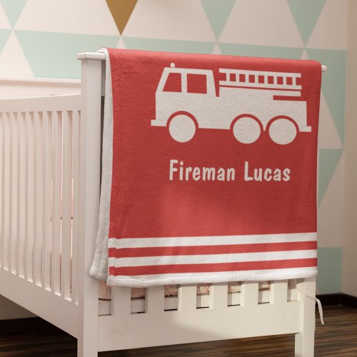 Little Boy Fire Truck With Name Red and White Baby Blanket