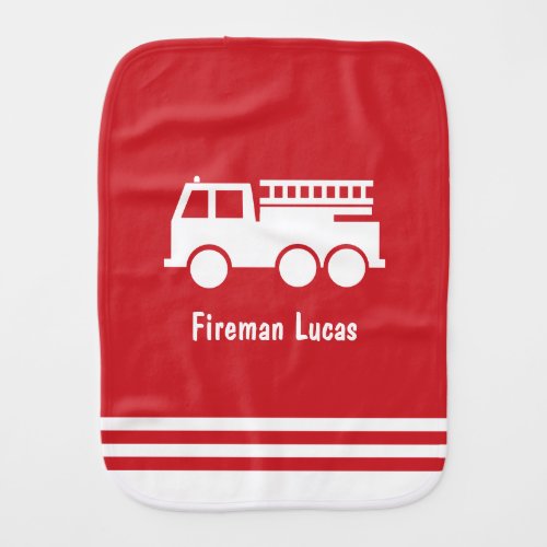 Little Boy Fire Truck With Name Red and White Baby Burp Cloth