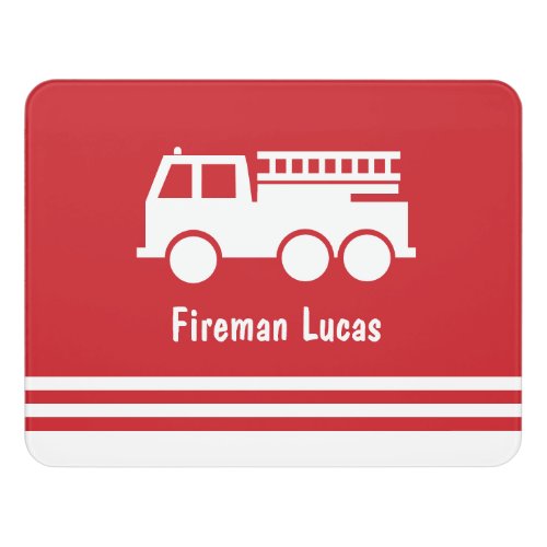 Little Boy Fire Truck With Name Red and White Door Sign