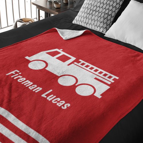  Little Boy Fire Truck With Name Red and White Fleece Blanket