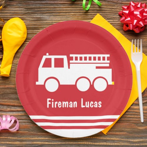 Little Boy Fire Truck With Name Red and White Paper Plates