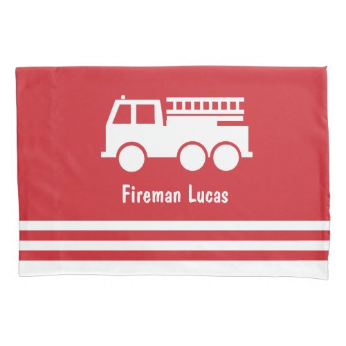 Little Boy Fire Truck With Name Red and White Pillow Case