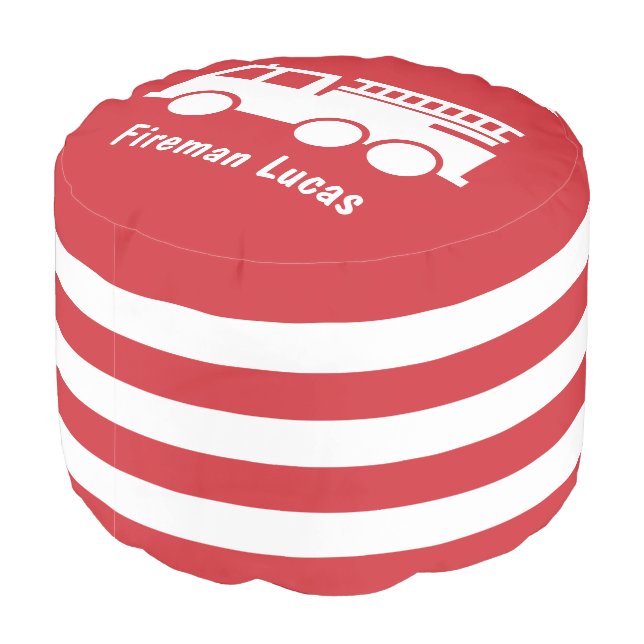 Little Boy Fire Truck With Name Red and White Pouf (Angled Back)