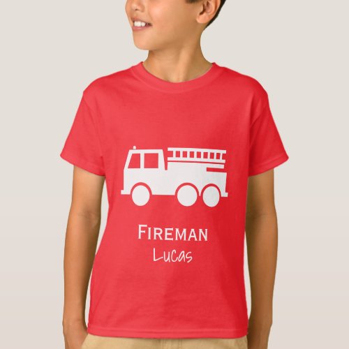 Little Boy Fire Truck With Name Red and White T_Shirt