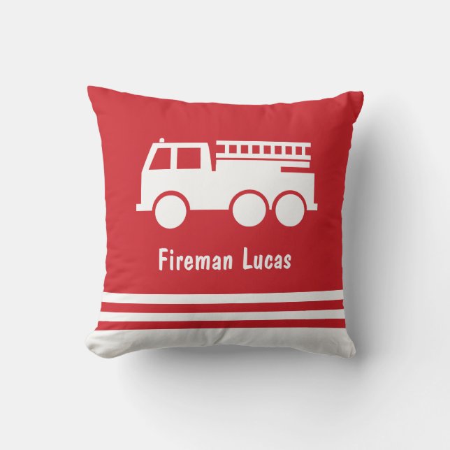  Little Boy Fire Truck With Name Red and White Throw Pillow (Front)